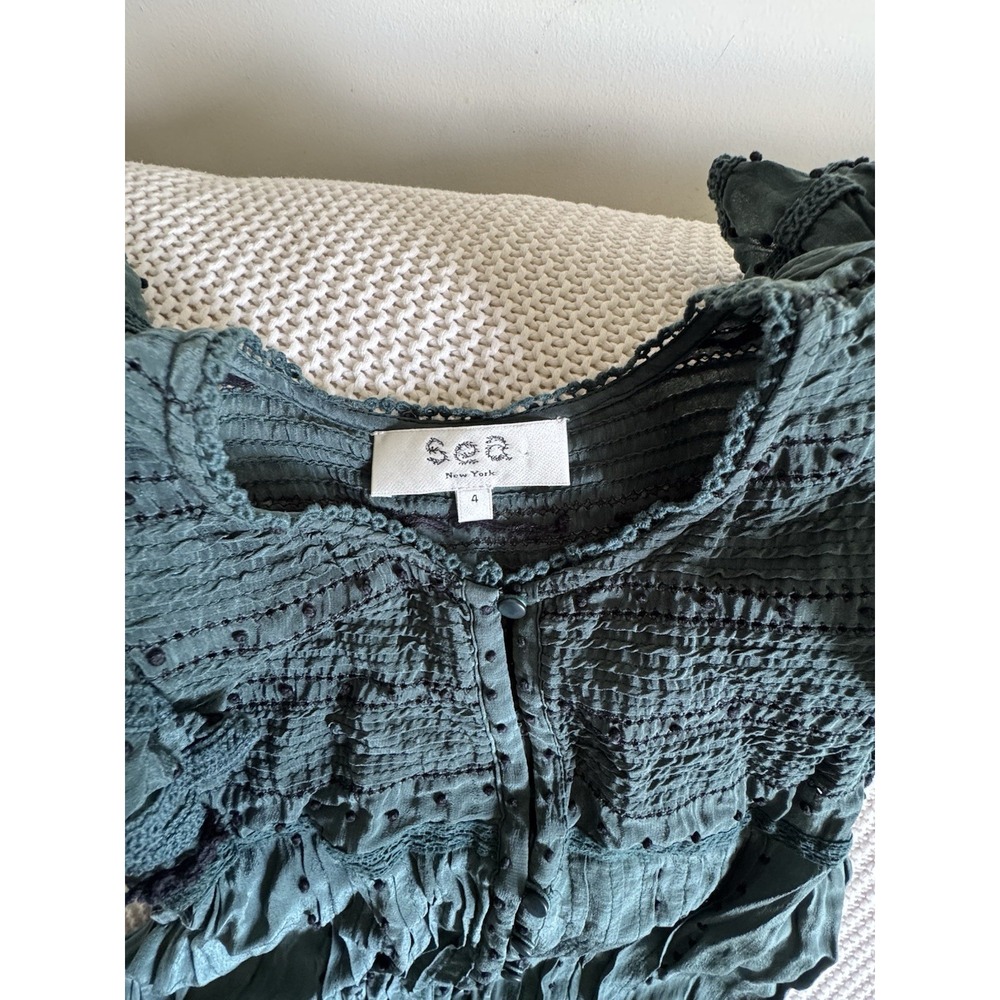 Sea New York Flutter Sleeve Lace-Trim Azzedine Emerald Smoked Midi Dress Size 4 - Picture 6 of 6